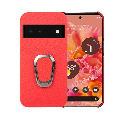 Red litchi-texture leather phone case with metal ring holder for Pixel 6