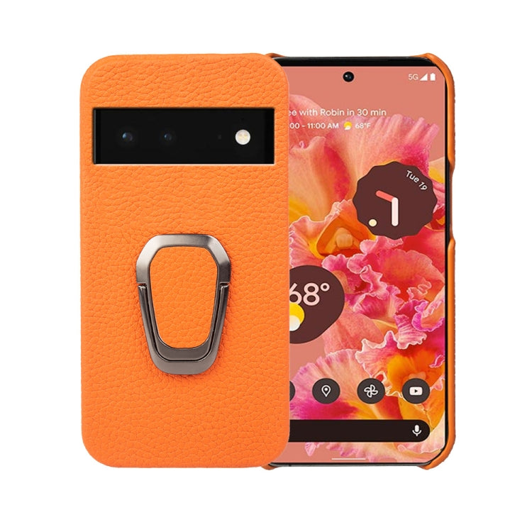 Orange litchi-texture leather phone case with metal ring holder for Pixel 6