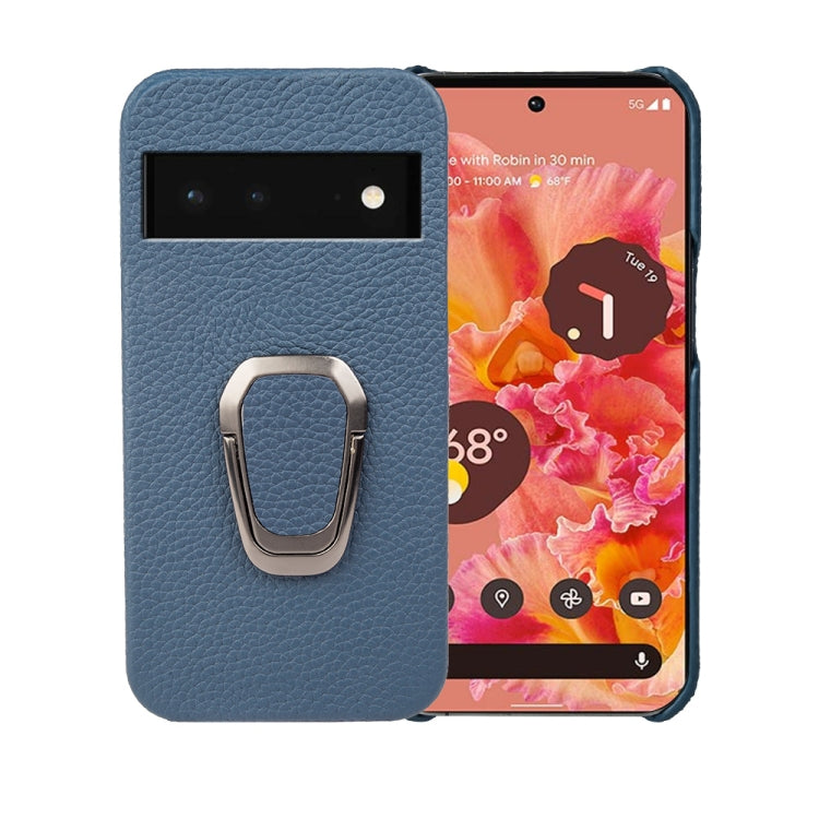Blue litchi-texture leather phone case with metal ring holder for Pixel 6