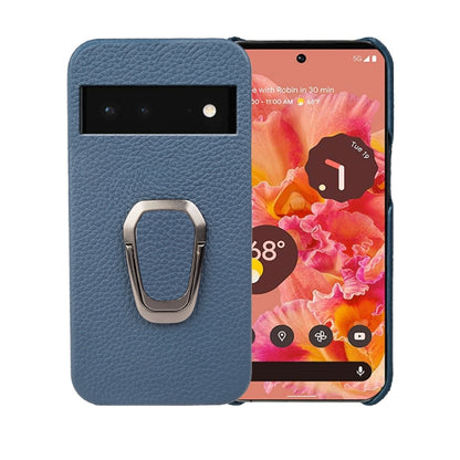 Blue litchi-texture leather phone case with metal ring holder for Pixel 6