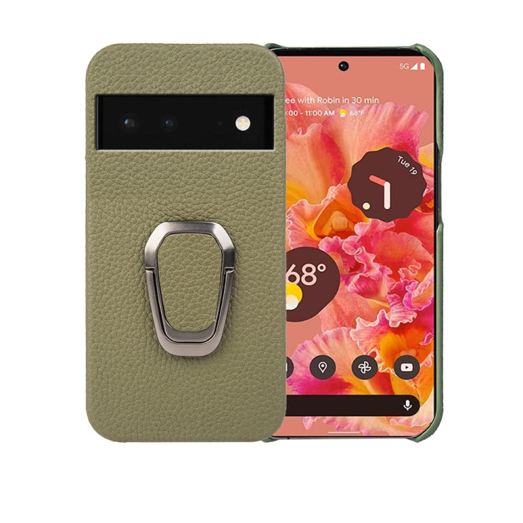 Olive green genuine leather phone case with ring holder for easy grip and stand