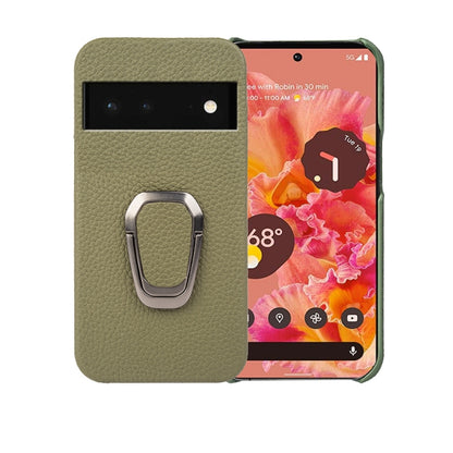 Olive green genuine leather phone case with ring holder for easy grip and stand