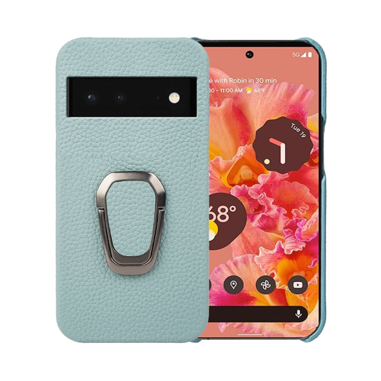 Light blue genuine leather phone case with metal ring holder for grip and stand support