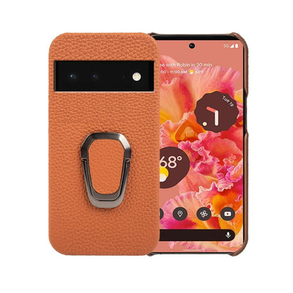Orange genuine leather phone case with metal ring holder for grip and hands-free stand