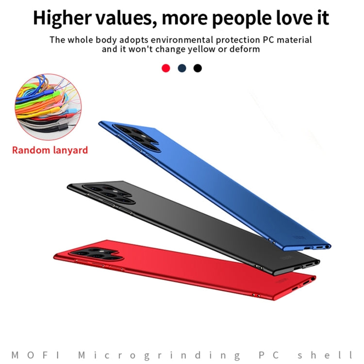 Ultra-thin hard phone cases in blue, red, and black with camera cutouts.