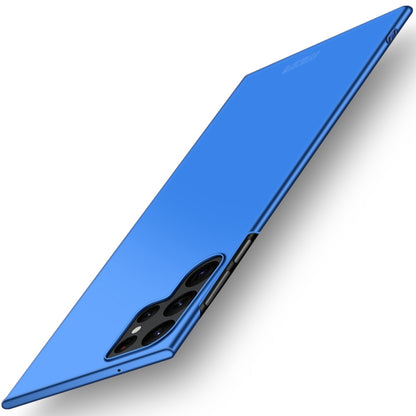 Blue ultra-thin hard phone case with camera cutouts and side button openings.