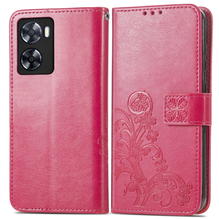 Pink embossed leather folio phone case with buckle strap, card slots, and camera cutout.
