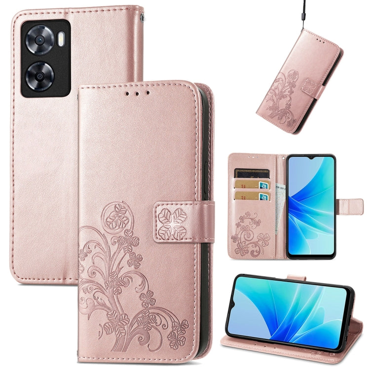 Light pink embossed leather folio phone case with buckle clasp, card slots, and camera cutout.