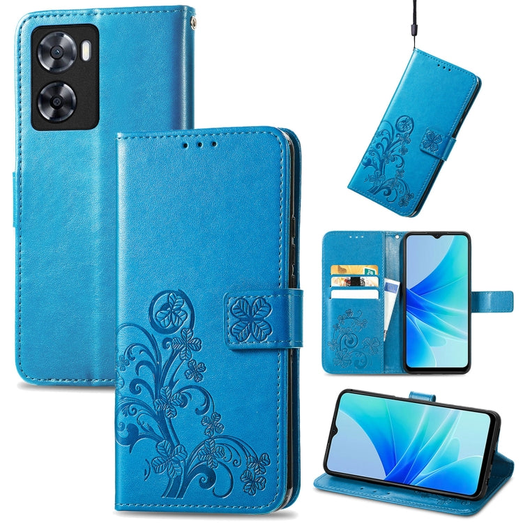 Blue embossed leather folio phone case with buckle strap, card slots, and camera cutout.