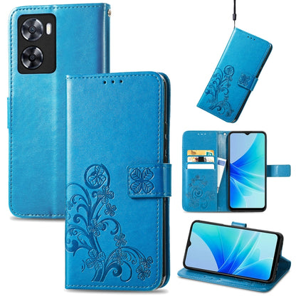 Blue embossed leather folio phone case with buckle strap, card slots, and camera cutout.