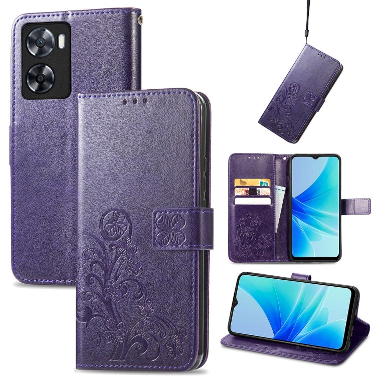 Purple embossed leather folio phone case with buckle clasp, card slots, and camera cutout.