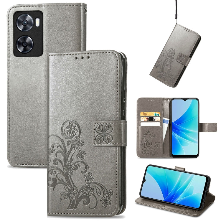 Gray embossed leather folio phone case with buckle clasp, card slots, and camera cutout.