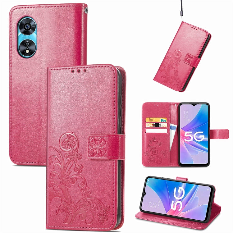 Magenta embossed leather folio phone case with buckle clasp, card slots, and camera cutout.