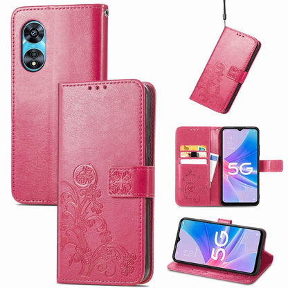 Magenta embossed leather folio phone case with buckle clasp, card slots, and camera cutout.