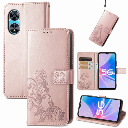 Light pink embossed leather folio phone case with buckle clasp, card slots, and camera cutout.