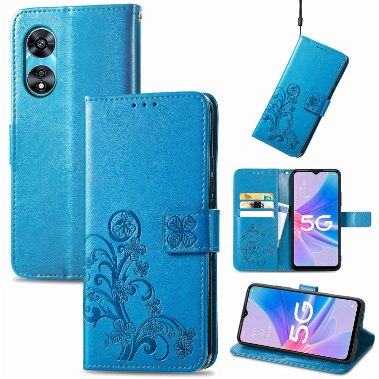 Blue embossed leather phone case with four-leaf clasp, card slots, and kickstand.