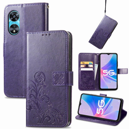 Purple embossed leather phone case with four-leaf clasp, card slots, and kickstand.