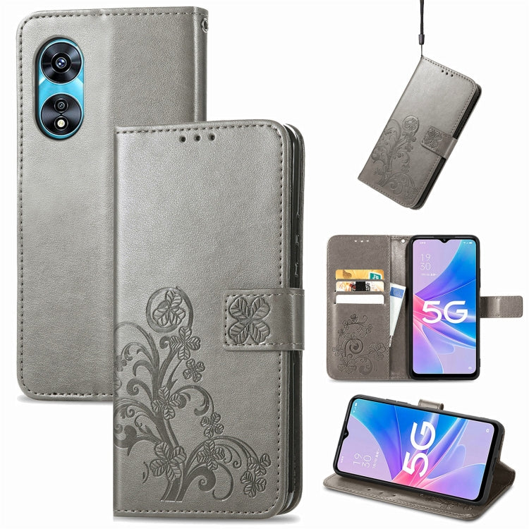 Gray embossed leather phone case with four-leaf clasp, card slots, and kickstand.