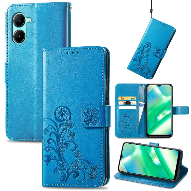 Blue embossed leather wallet phone case with four-leaf clasp, card slots, and kickstand.