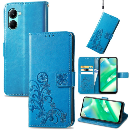 Blue embossed leather wallet phone case with four-leaf clasp, card slots, and kickstand.