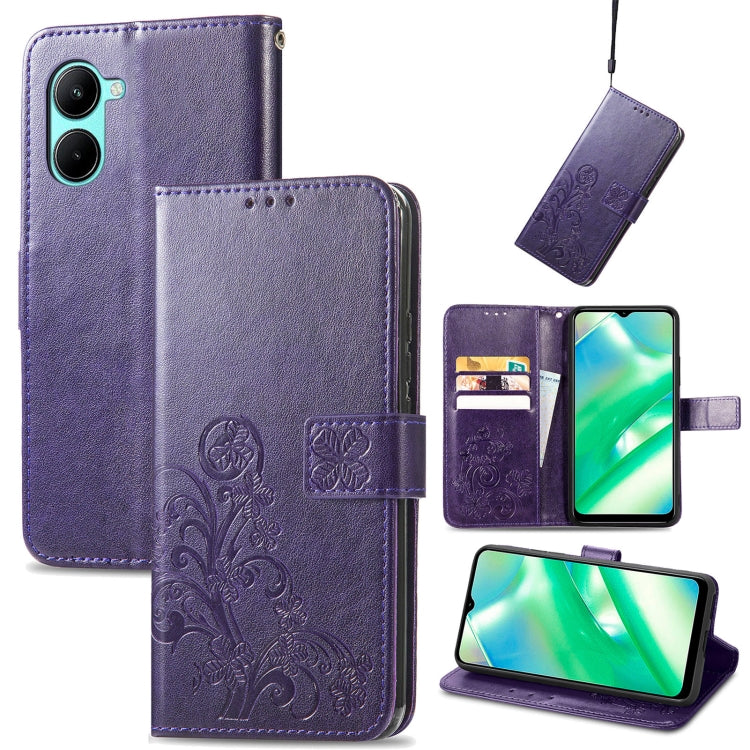 Purple embossed leather wallet phone case with four-leaf clasp, card slots, and kickstand.