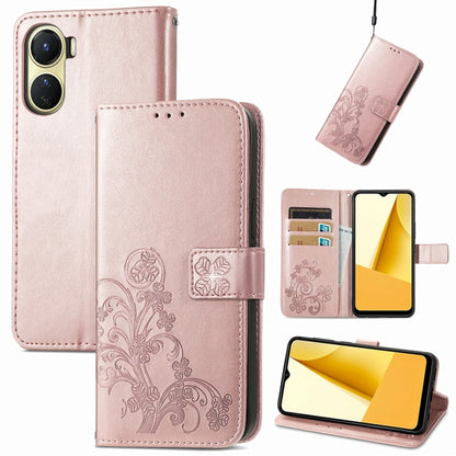 Rose embossed leather wallet phone case with four-leaf clasp, card slots, and kickstand.