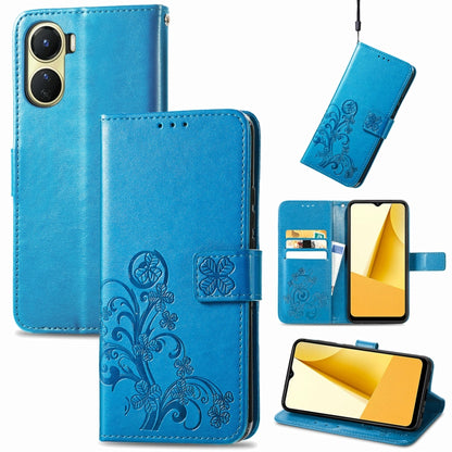 Blue embossed leather wallet phone case with four-leaf clasp and card slots