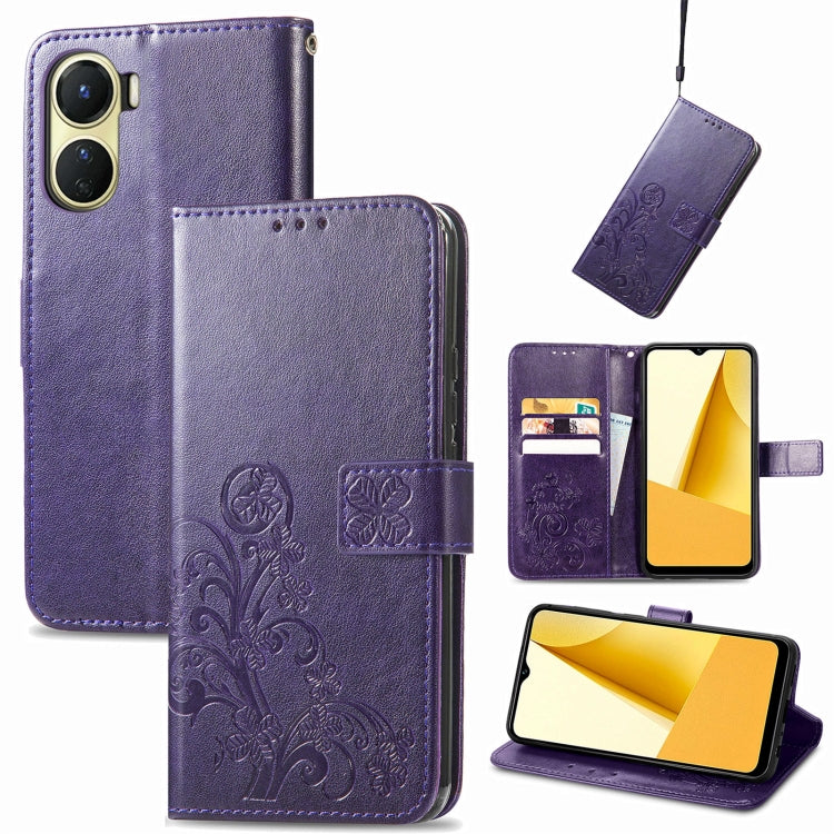 Purple embossed leather wallet phone case with four-leaf clasp and card slots