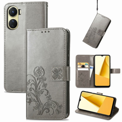 Gray embossed leather wallet phone case with four-leaf clasp and card slots