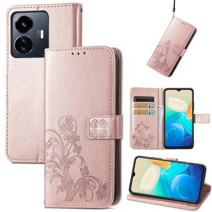 Light pink embossed leather wallet phone case with four-leaf clasp and card slots