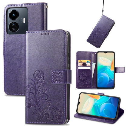 Purple folio leather phone case with embossed floral four-leaf clasp and card slots