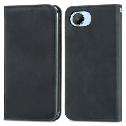 Black flip phone case with stitched edges and camera cutout on back