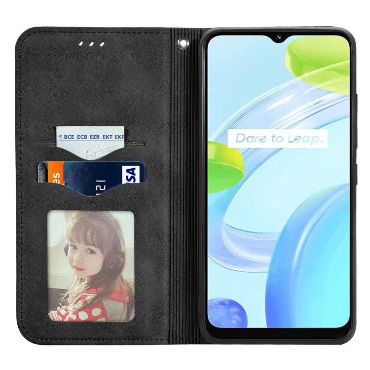 Black magnetic flip phone case with card slots and window view