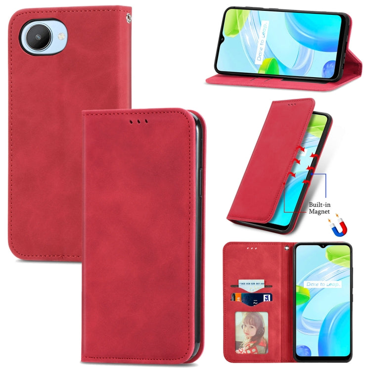 Red magnetic flip leather phone case with stitched trim and camera cutout