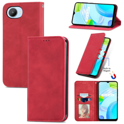 Red magnetic flip leather phone case with stitched trim and camera cutout