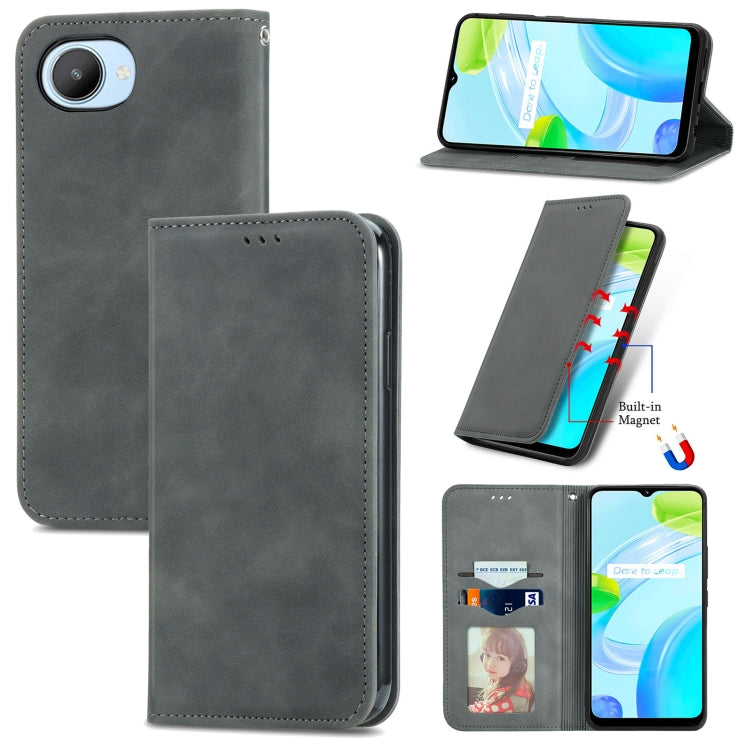 Dark gray magnetic flip leather phone case with card slot and camera opening