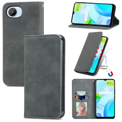 Dark gray magnetic flip leather phone case with card slot and camera opening