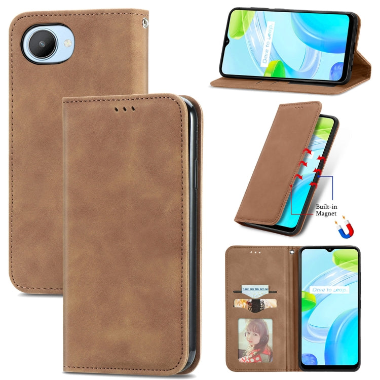 Brown magnetic flip leather phone case with stitched trim and camera cutout