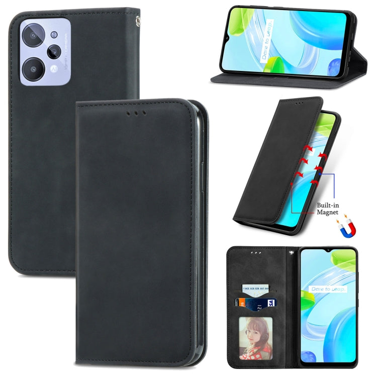 Black magnetic flip wallet phone case with card slots and camera cutouts, kickstand view