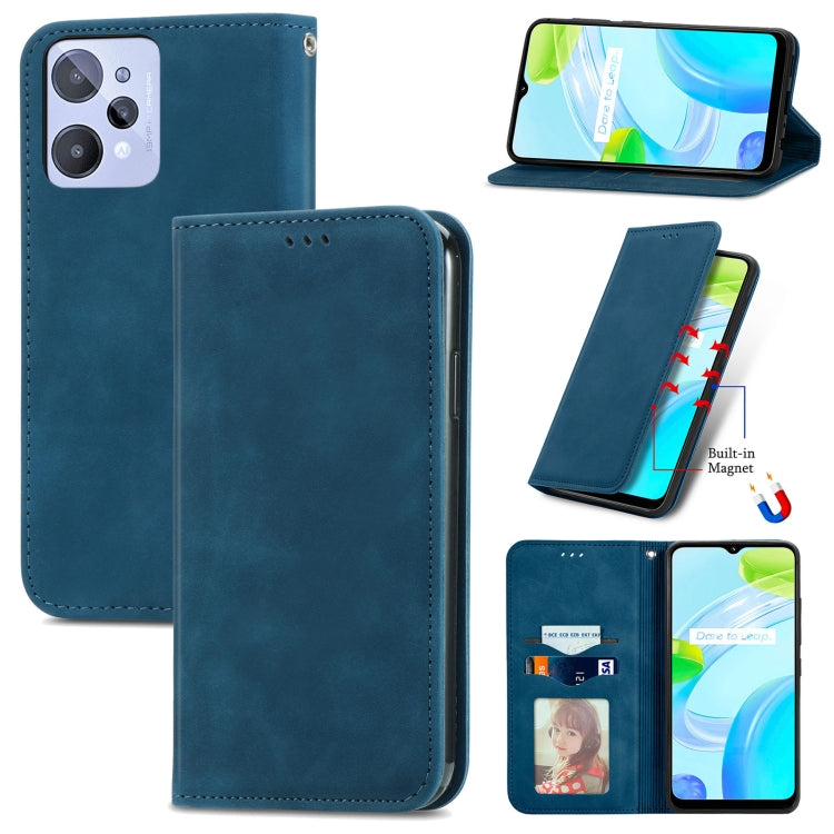 Blue magnetic flip wallet phone case with card slots, camera cutouts, and stand angle