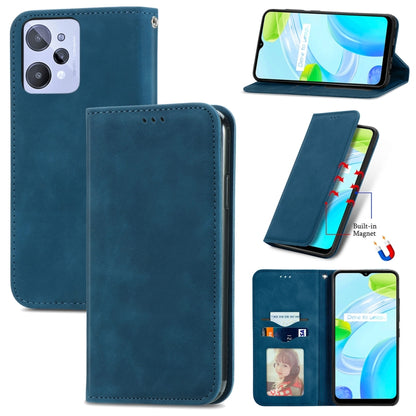 Blue magnetic flip wallet phone case with card slots, camera cutouts, and stand angle