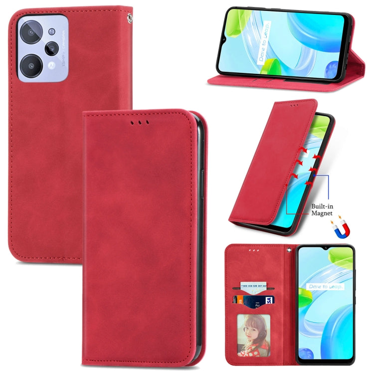 Red magnetic flip wallet phone case with card slots, camera cutouts, and stand view