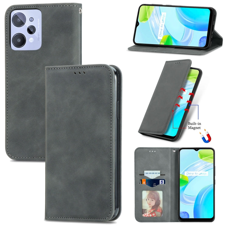 Gray magnetic flip wallet phone case with card slots, camera cutouts, and viewing stand