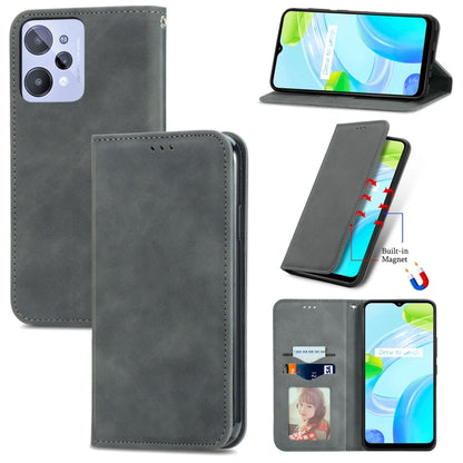 Gray magnetic flip wallet phone case with card slots, camera cutouts, and viewing stand