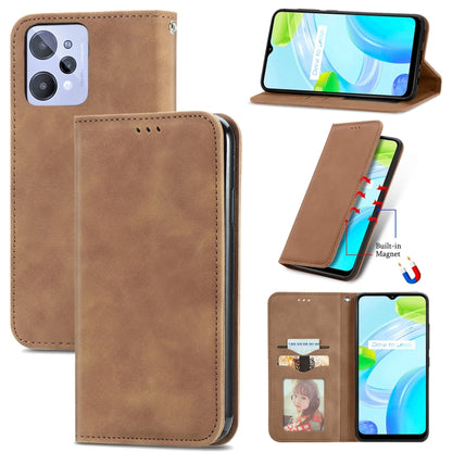 Brown magnetic flip wallet phone case with card slots, camera cutouts, and stand view