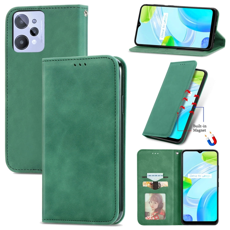 Green magnetic flip wallet phone case with card slots, camera cutouts, and stand view