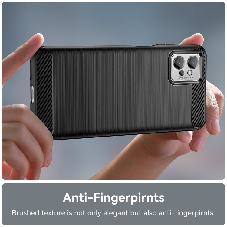 Black brushed TPU phone case with carbon fiber strip and dual camera cutout, back view