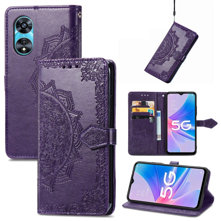 Mandala Flower Embossed Leather Phone Case, For OPPO  A17, For OPPO  A57 4G, For OPPO A57s, For OPPO A97 5G, For vivo Y16, For vivo Y77 5G Global