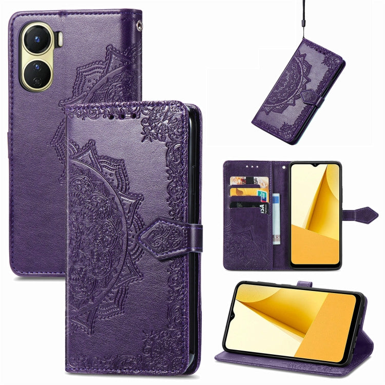 Mandala Flower Embossed Leather Phone Case, For OPPO  A17, For OPPO  A57 4G, For OPPO A57s, For OPPO A97 5G, For vivo Y16, For vivo Y77 5G Global