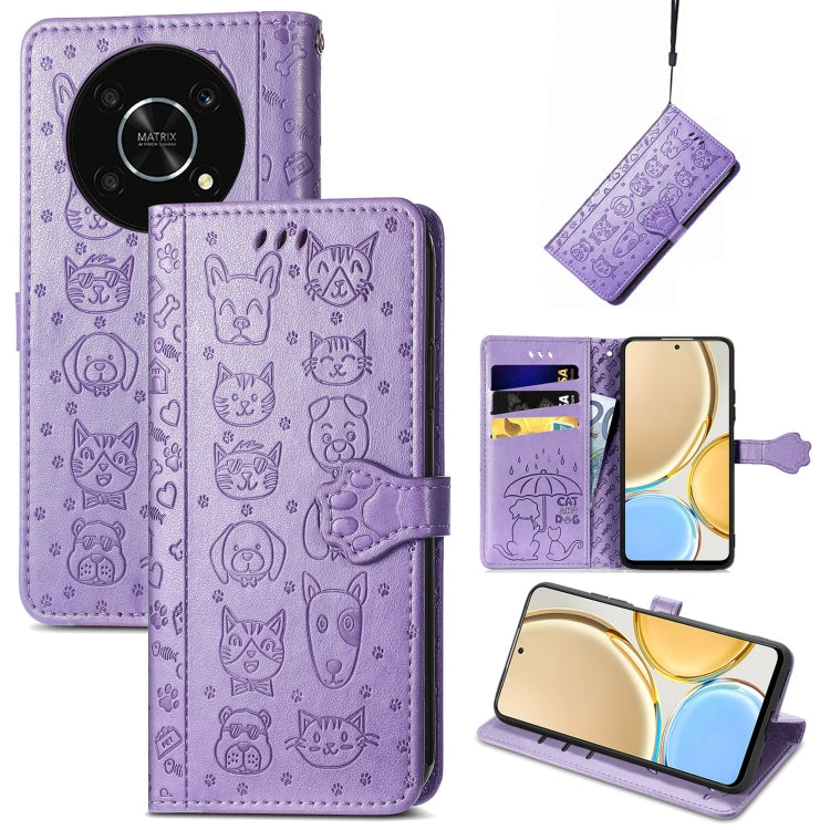 Purple embossed leather-style phone case with cute cat and dog pattern, flip cover and strap.
